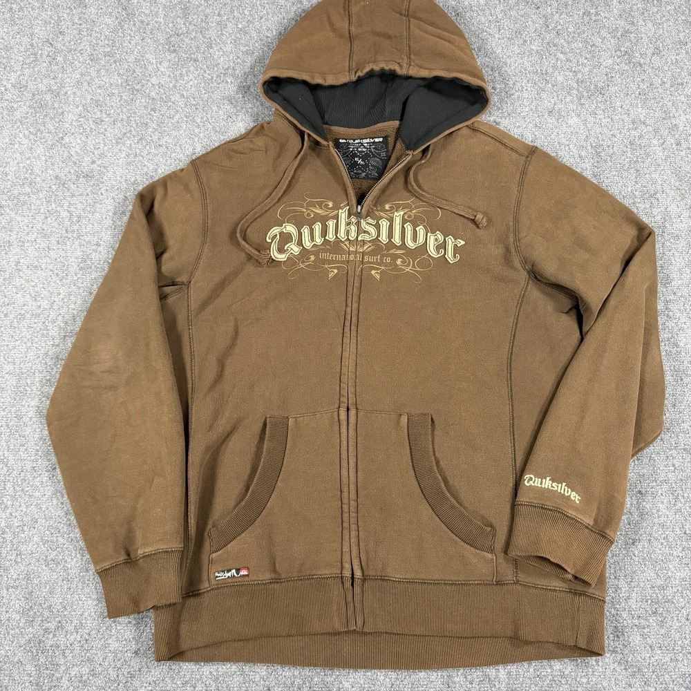 Vintage Quiksilver Hoodie Mens XL Brown Full Zip Faded Y2K Surf Skate Distressed